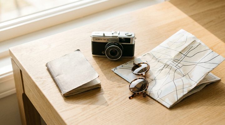Travel flat-lay with camera and map